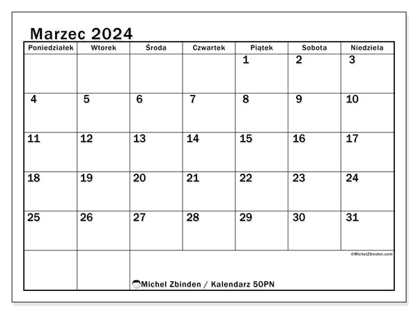 Kalendarz do druku, marzec 2024, 50PN