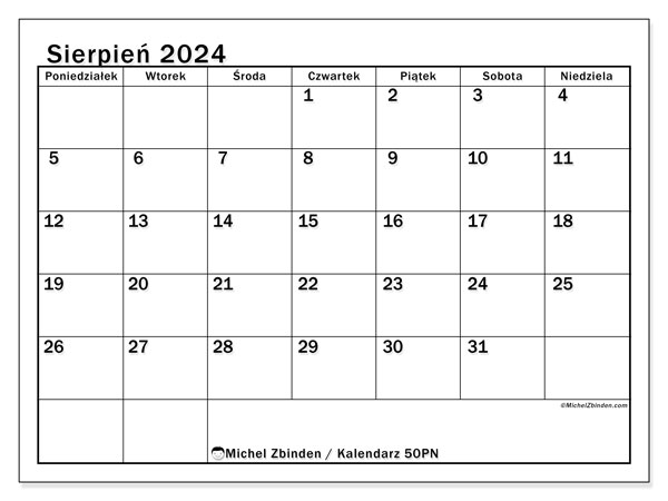 Kalendarz do druku, sierpień 2024, 50PN