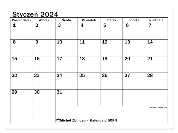 Kalendarz do druku, styczen 2024, 50PN