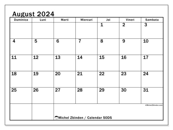 Calendar august 2024 “50”. Calendar pentru imprimare gratuit.. Duminică până sâmbătă