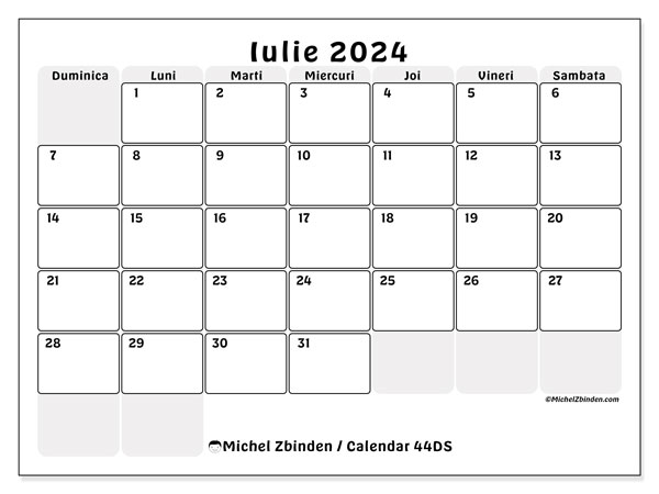 Calendar iulie 2024, 44DS, gata de a fi tipărite și gratuite.