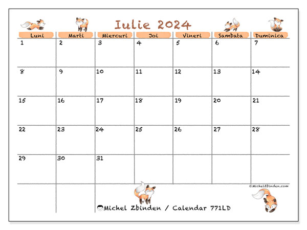 Calendar iulie 2024, 771LD, gata de a fi tipărite și gratuite.