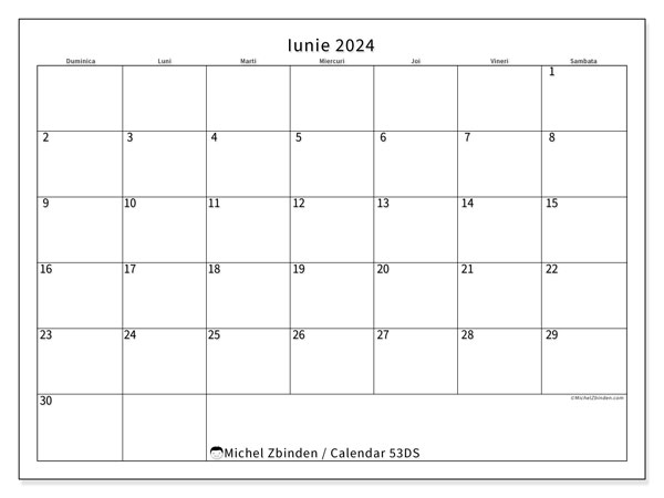 Calendar iunie 2024, 53DS, gata de a fi tipărite și gratuite.