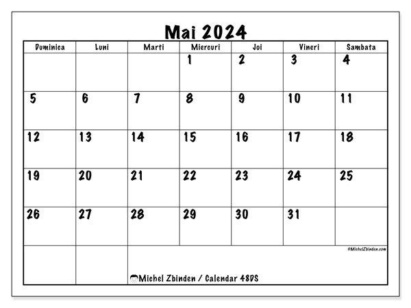 Calendar mai 2024, 48DS, gata de a fi tipărite și gratuite.