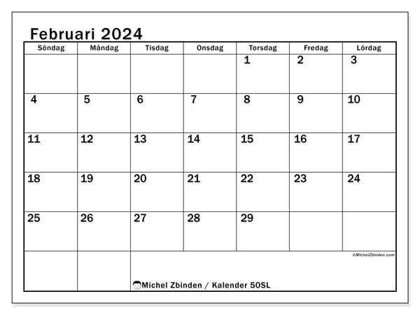 Kalender att skriva ut, februari 2024, 50SL