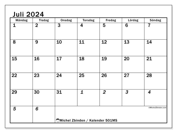 Kalender juli 2024, 501MS, klar att skriva ut och gratis.