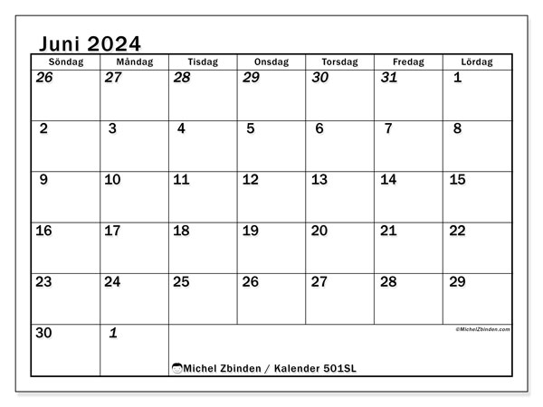 Kalender juni 2024, 501SL, klar att skriva ut och gratis.