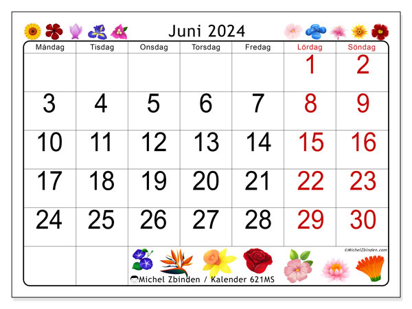 Kalender juni 2024, 621MS, klar att skriva ut och gratis.