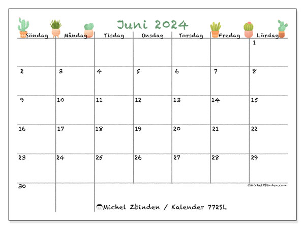 Kalender juni 2024, 772SL, klar att skriva ut och gratis.