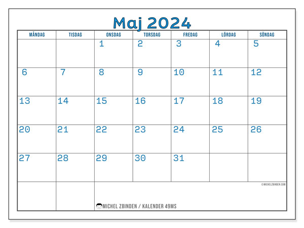 Kalender maj 2024, 49MS, klar att skriva ut och gratis.
