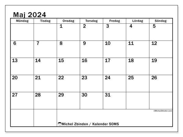 Kalender maj 2024, 50MS, klar att skriva ut och gratis.