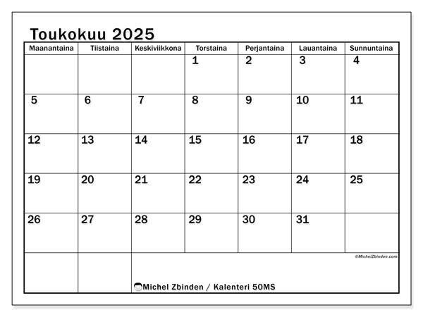 Kalenteri toukokuu 2025 “50”. Ilmainen tulostettava lehti.. Maanantaista sunnuntaihin