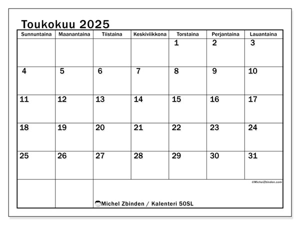 Kalenteri toukokuu 2025 “50”. Ilmainen tulostettava lehti.. Sunnuntaista lauantaihin