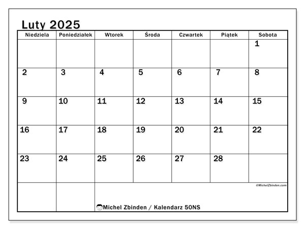 Kalendarz do druku, luty 2025, 50NS