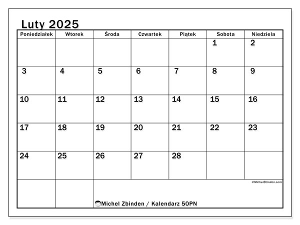 Kalendarz do druku, luty 2025, 50PN
