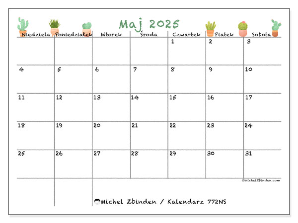Kalendarz maj 2025 “772”. Darmowy terminarz do druku.. Od niedzieli do soboty