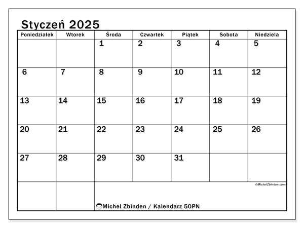 Kalendarz do druku, styczen 2025, 50PN