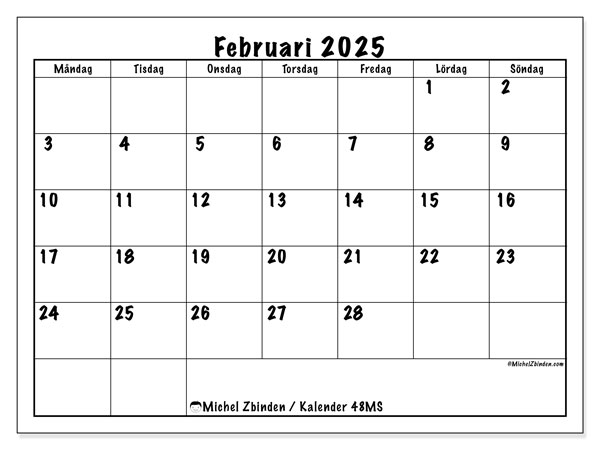Kalender februari 2025, 48SL. Schema för gratis utskrift.