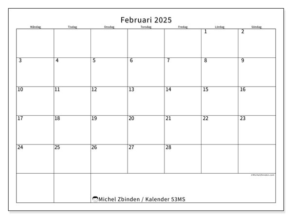 Kalender februari 2025, 53SL. Schema för gratis utskrift.