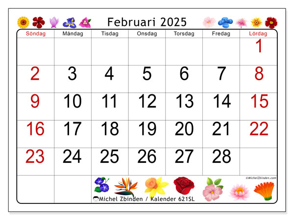 Kalender februari 2025, 621SL. Schema för gratis utskrift.