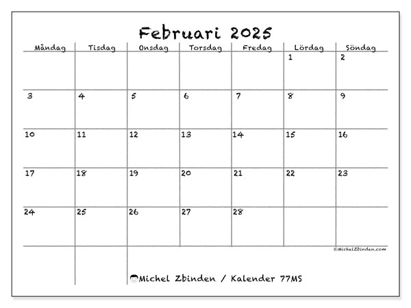 Kalender februari 2025, 77SL. Schema för gratis utskrift.